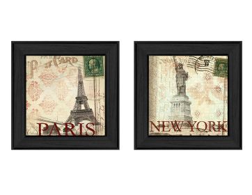 "Post Cards Collection" 3-Piece Vignette By Dee Dee, Printed Wall Art, Ready To Hang Framed Poster, Black Frame