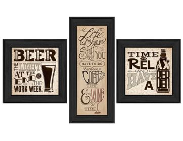 "Beer Time Collection" 3-Piece Vignette By Deb Strain, Printed Wall Art, Ready To Hang Framed Poster, Black Frame