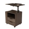 Height Adjustable Overbed End Table Wooden Nightstand with Swivel Top, Storage Drawers, Wheels and Open Shelf, (Black oak)