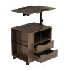 Height Adjustable Overbed End Table Wooden Nightstand with Swivel Top, Storage Drawers, Wheels and Open Shelf, (Black oak)