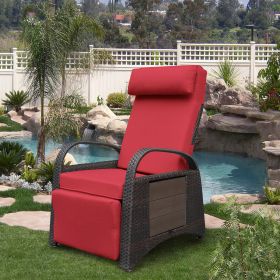 Outdoor Wicker Recliner with Flip Table;  Adjustable Push Back Rattan Reclining Lounge Chair with Footrest (Color: Red)