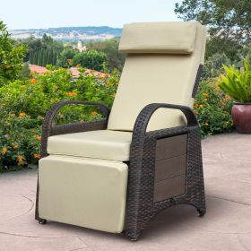 Outdoor Wicker Recliner with Flip Table;  Adjustable Push Back Rattan Reclining Lounge Chair with Footrest (Color: Khaki)