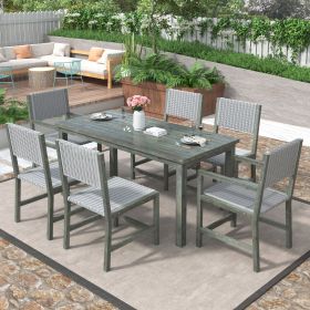 Acacia Wood And Rattan Outdoor Dining Table And Chairs For 6 People, Suitable For Courtyard,Patio, Balcony (Color: Grey)